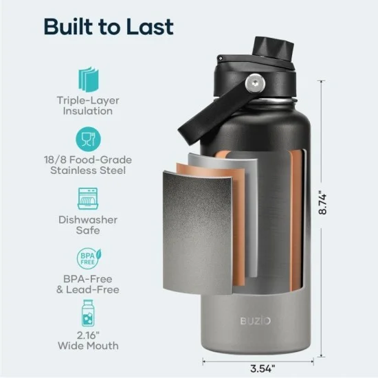 Buzio Duet Series Water Bottle with 2 Lids and Sleeve 1L - Shadow